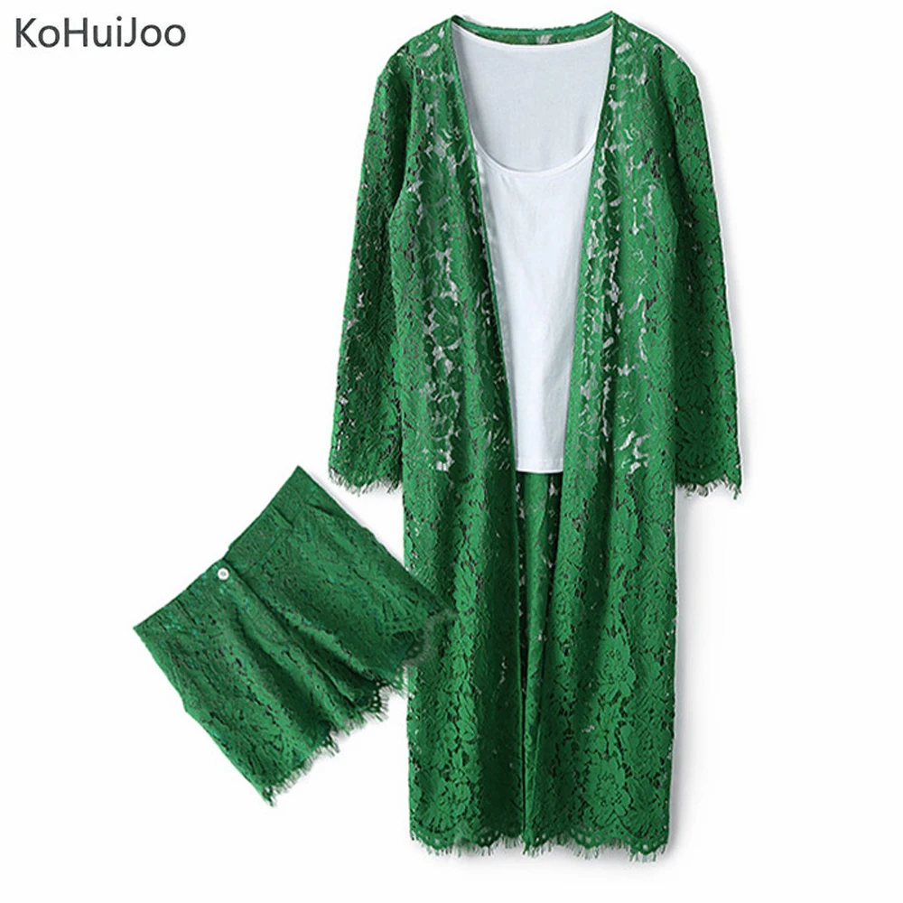 Комплект женский из 3 предметов кружевной кардиган с длинным рукавом топ и шорты