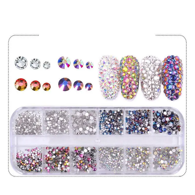 

1Box 3D Round Nail Crystal Accessories AB Flat Mix Size Nail Rhinestone for DIY Decorations