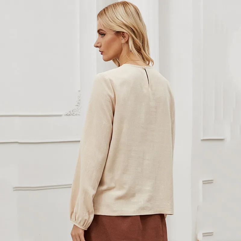 

Loose All-Match Slim Round Neck Long-Sleeved Blouse Womens Clothing Autumn Korean Casual Solid Color Base Shirt Top Femme Blusas