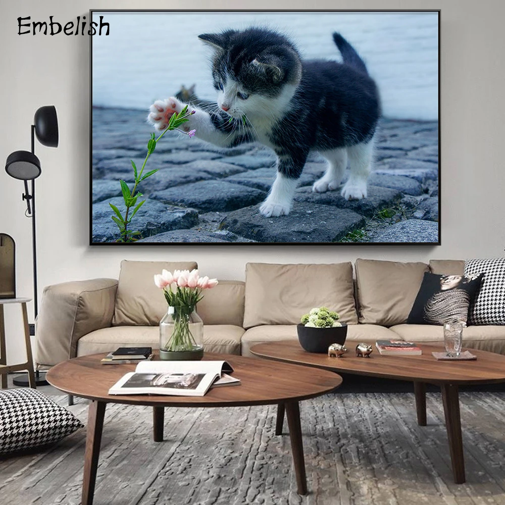 

1 Pieces Black Cat Playing Flowers Modern Home Decor Pictures For Living RoomHD Print Canvas Oil Paintings Wall Art Posters