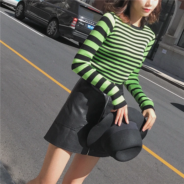 Женский короткая полоса пуловер вязаный свитер повседневные облегающие Женские