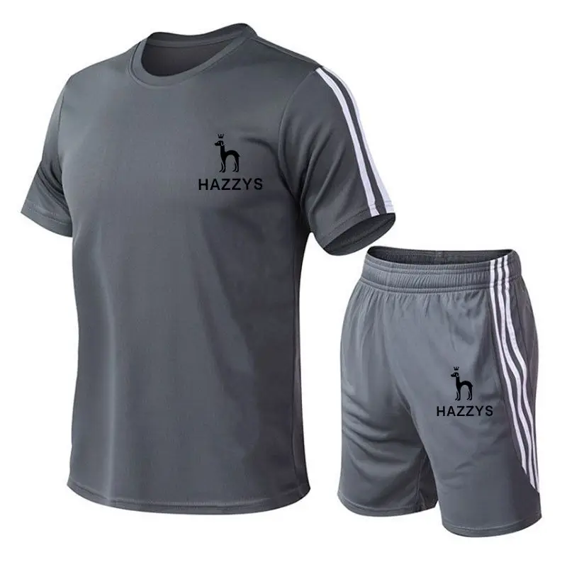 

HAZZYS Men's Jogging Fitness Sports T-shirt Short Sleeve T-shirt + Casual Pants Shorts Brand Printing Gym Jogging 2-piece Set