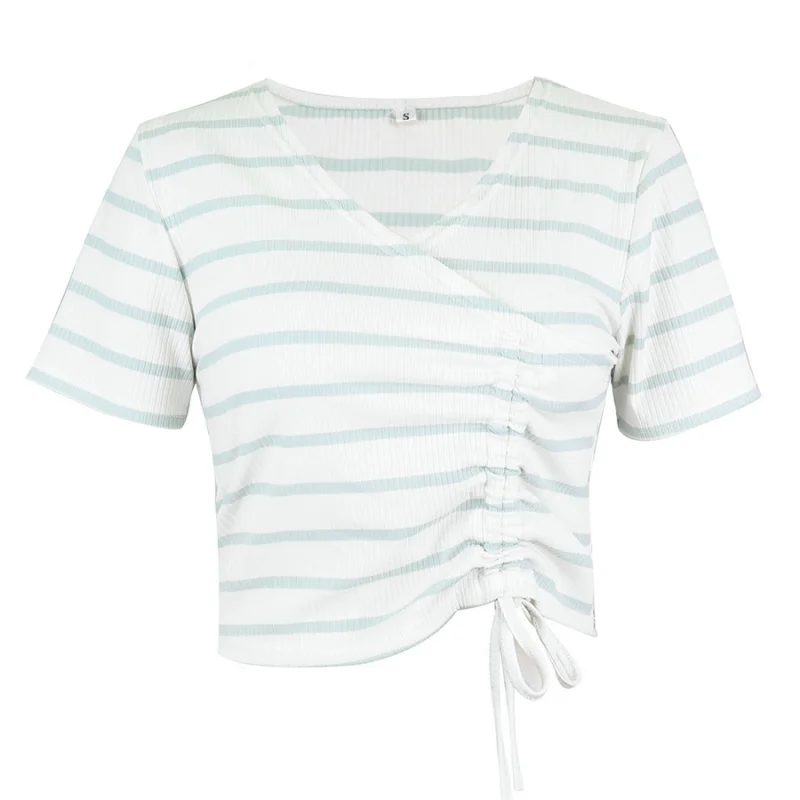 

Knitted Tops Women Aesthetic Clothes 2021 Summer Knit T Shirts with Drawstring Cute Tees Spring Vintage Office Tees 2020 Elegant