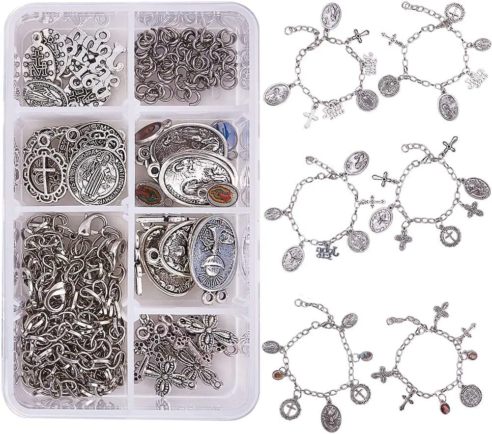 

1 Box DIY 6Strand Medals Charm Chain Bracelet Making Kit Oval Cross Charms Pendants Jewelry Supplies for Beginners, Adjustable