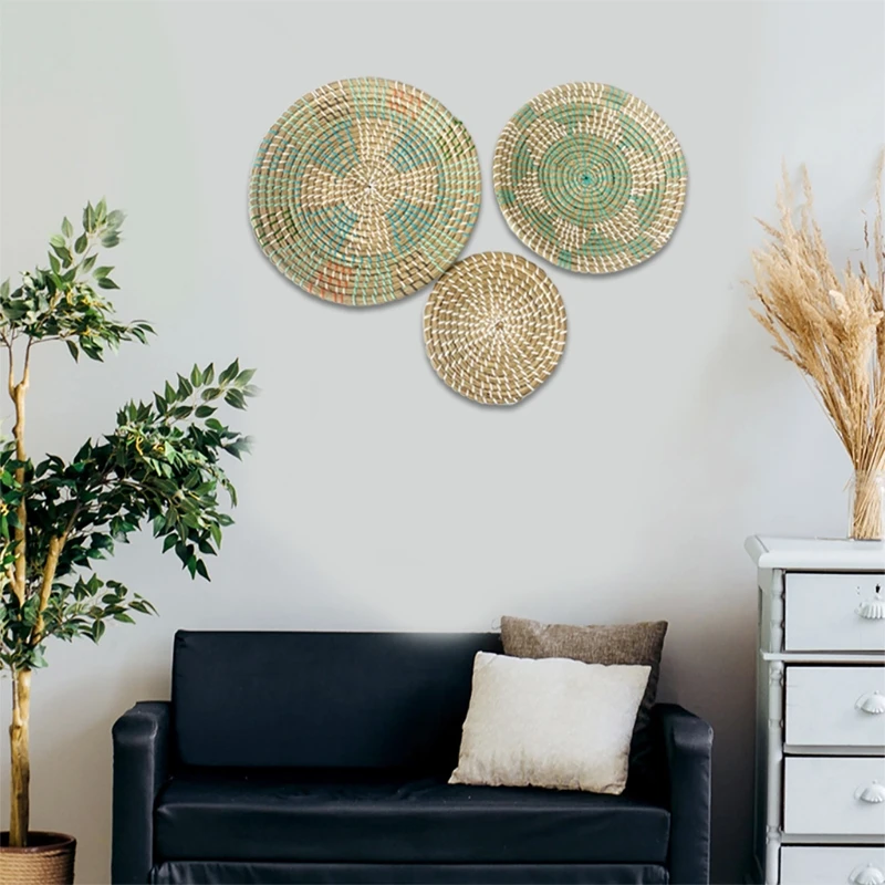 

T21D 3pcs Hanging Woven Wall Basket Decor Handmade Seagrass Round Decorative Trays Boho Wall Basket Decor for Living Room