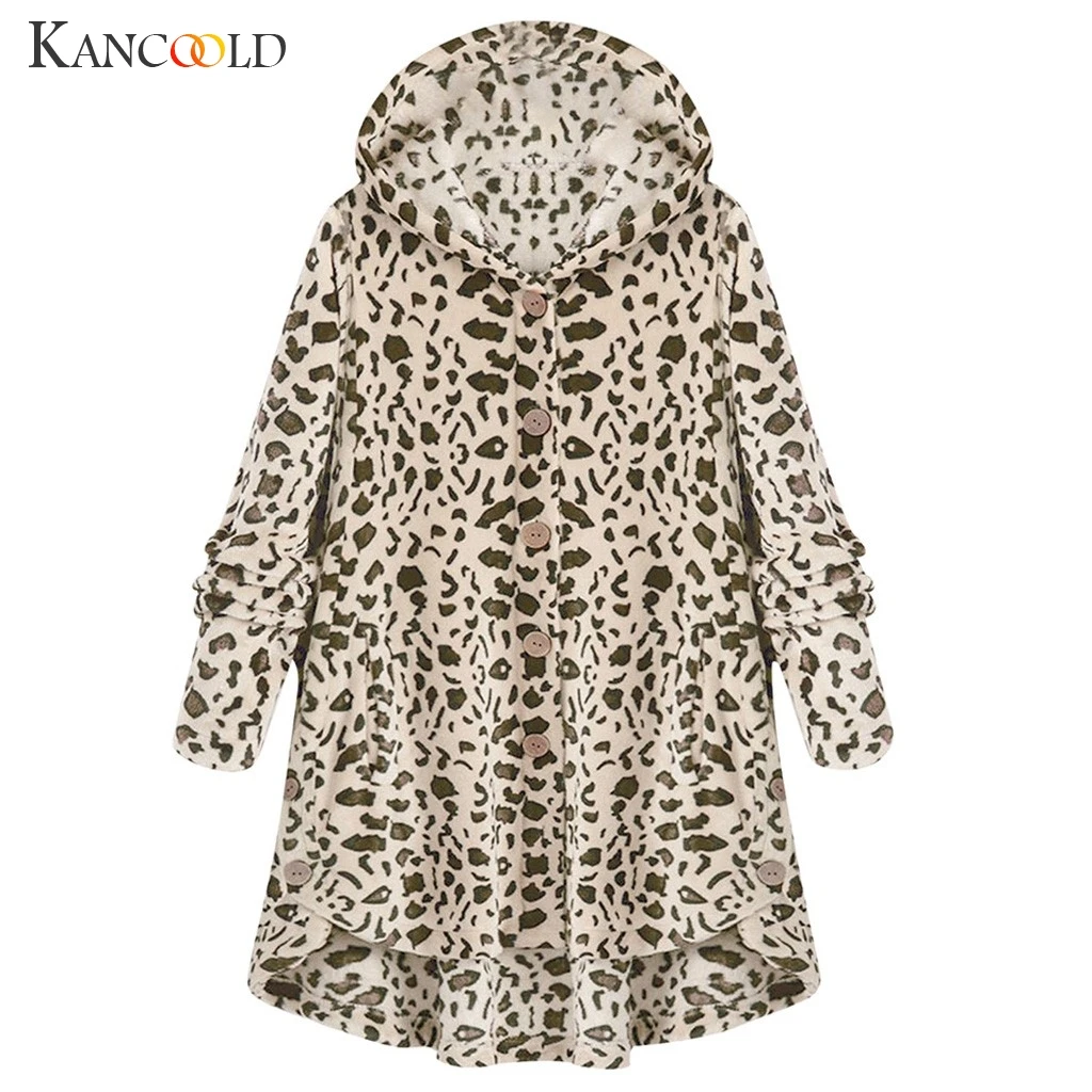 Женская куртка с капюшоном KANCOOLD леопардовая на пуговицах теплая длинным рукавом