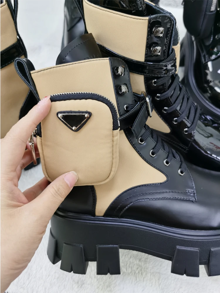 

Winter Autumn Platform Metal Belt Buckle Pocket Boots Strap Genuine Leather Thick Bottom Combat Women Ankle Motorcycles Boots