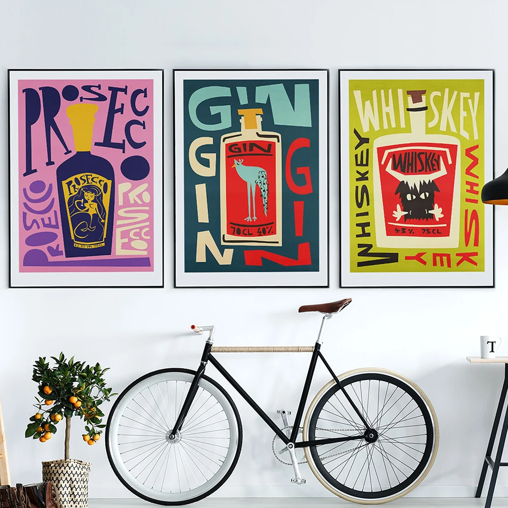 

Retro Gin Prosecco Whiskey Poster Print Mid Century Modern Wall Art Canvas Painting Dining Room Bar Living Room Home Decoration