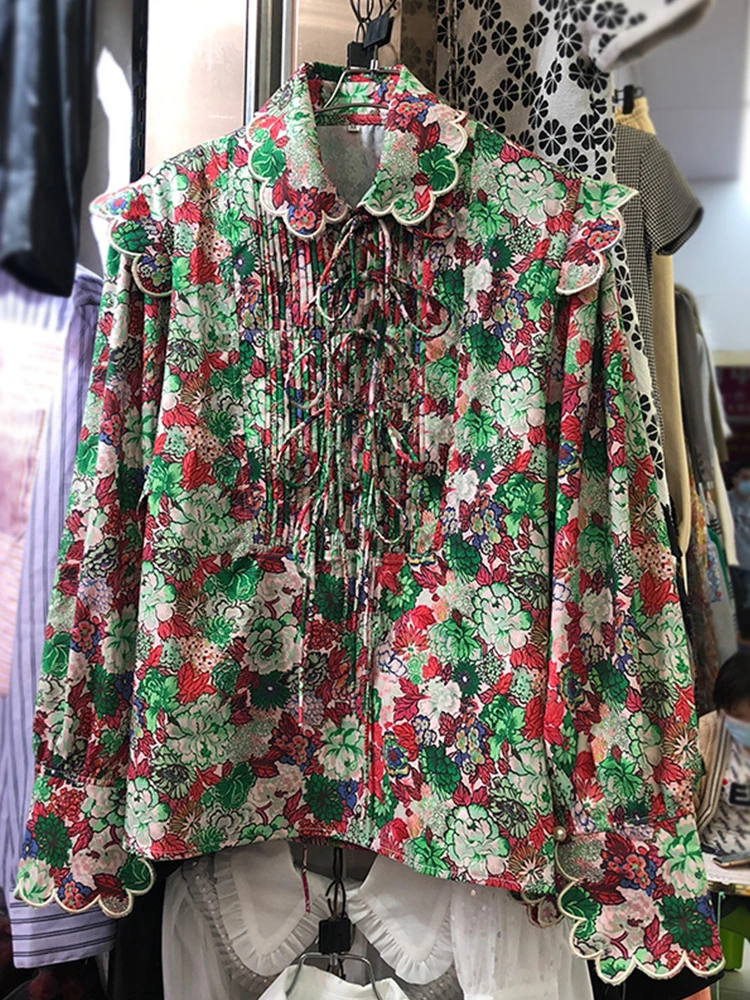

Embroidery Lapel Lace Draping Retro Printed Loose Shirt Ladies Autumn New Style Personality Fashion All-match Tops Free Shipping