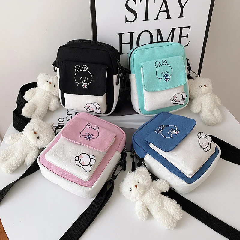

The New 2022 Korean Female Messenger Hit Color Student One-shoulder Canvas Small Square Bag Multi-functional Fashion All-match