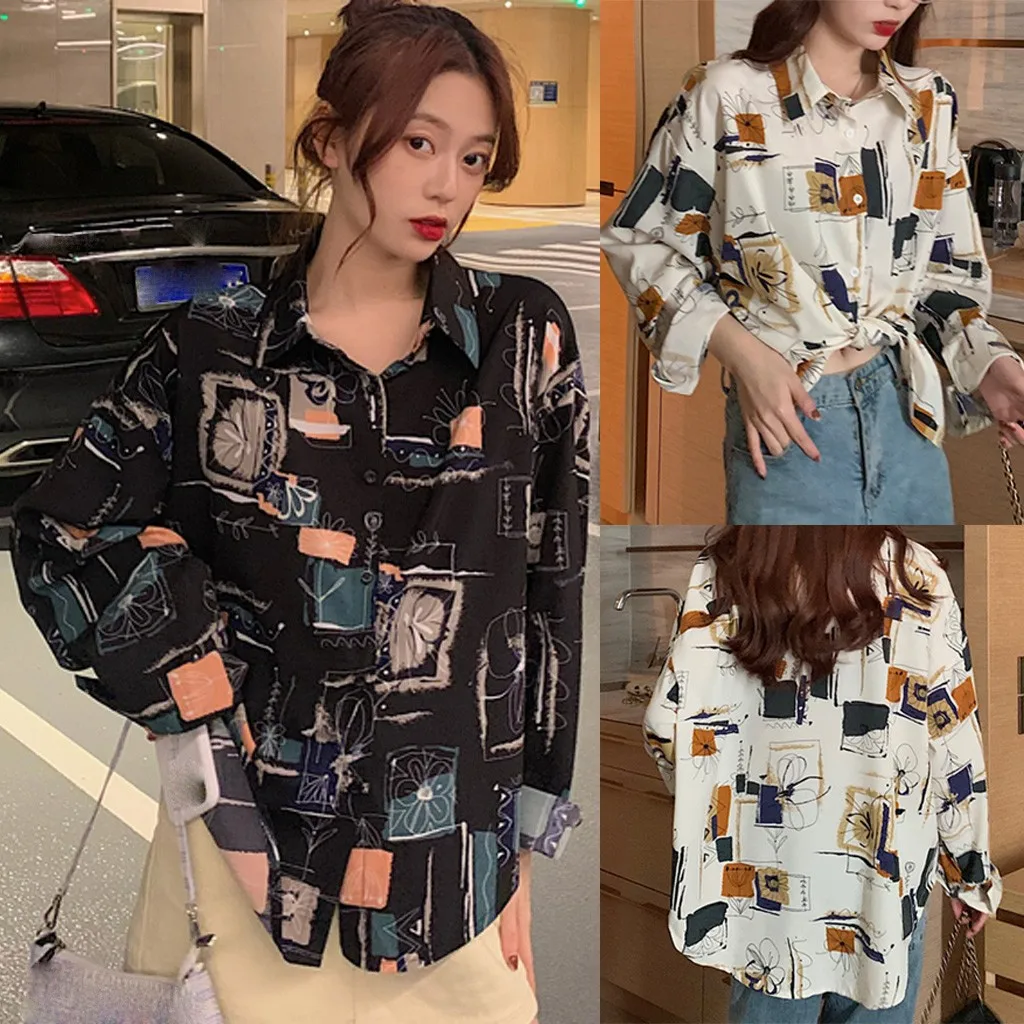 Блузка женская с геометрическим принтом длинным рукавом и отложным воротником |