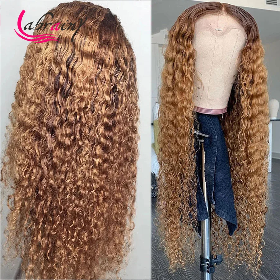 

13x6 HD Transparent Lace Frontal Human Hair Wigs Orange Colored Highlight Honey Blonde Kinky Curly Lace Front Full Deep Wave
