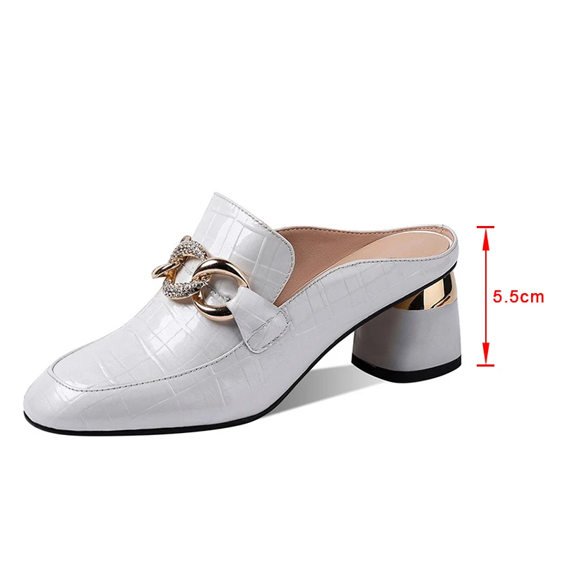 

Summer Women Slippers 2021 Square Heels Metal Chain Decoration Office Females Shoes Elegant Non-Slip Black Classic Ladies Slides