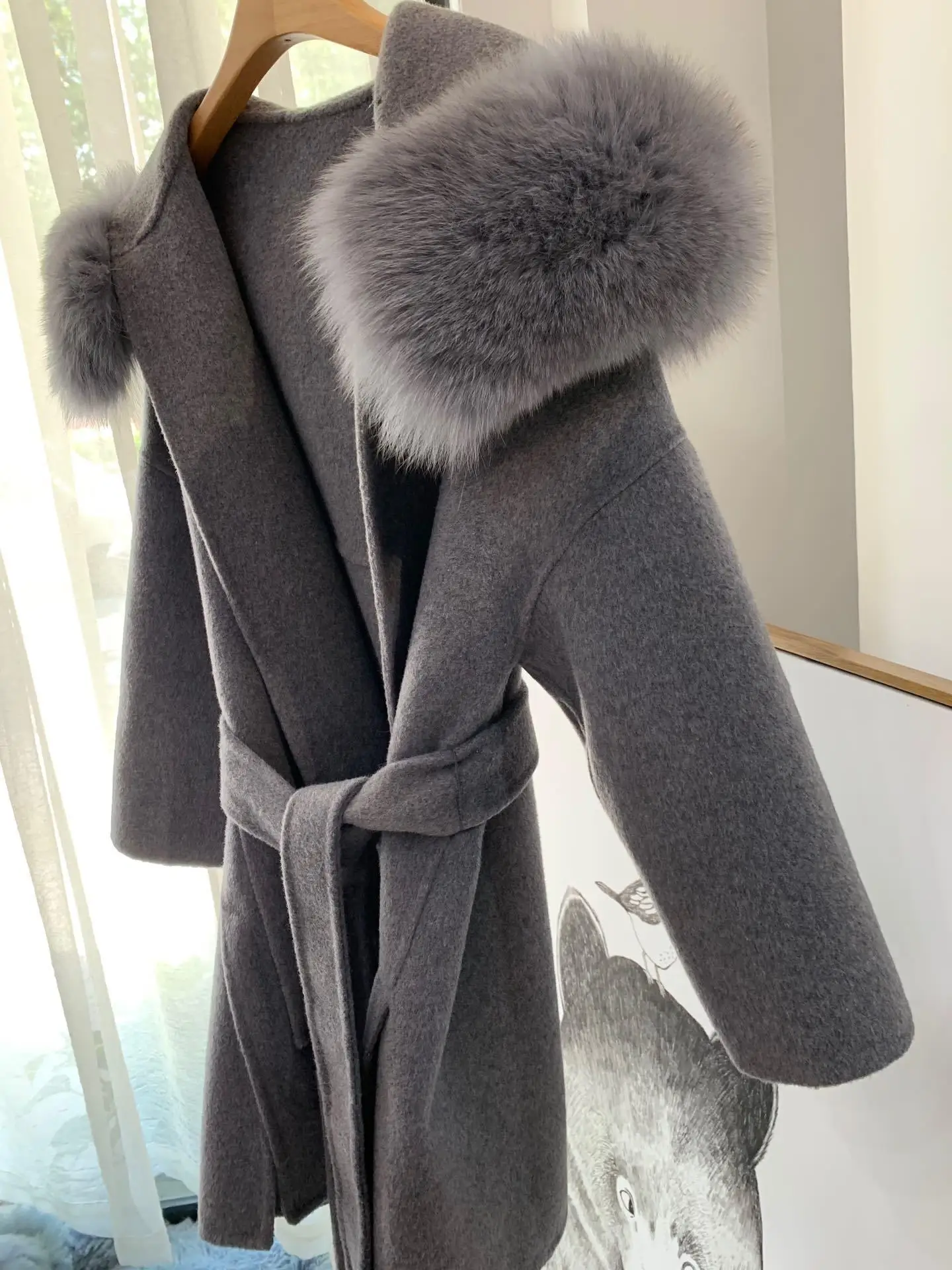 Корейское длинное кашемировое пальто с настоящим бренд Fox Fur Trim Hoodie теплое плотное пальто с большими карманами женская верхняя одежда зимнее пальто