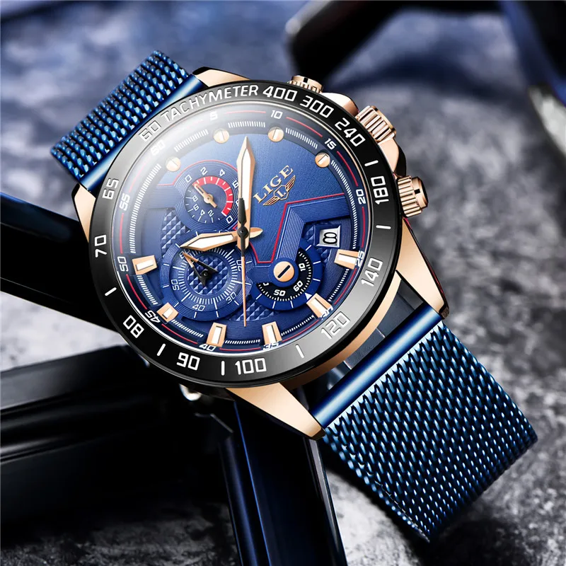 

Часы наручные LIGE Мужские кварцевые, модные деловые водонепроницаемые с синим сетчатым стальным браслетом, с хронографом, быстрая доставка 7...