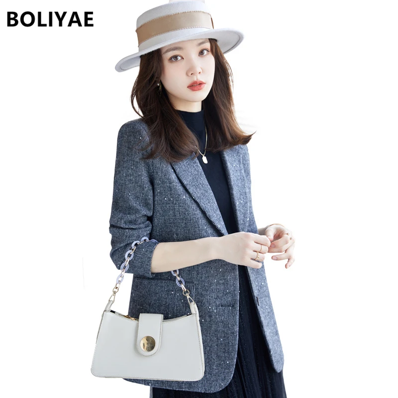 Boliyae Autumn and Winte New Women's Wool Coat Fashion Blends Blazer Sequins Long Sleeve Overcoat Female Slim Jacket Chic Tops | Женская