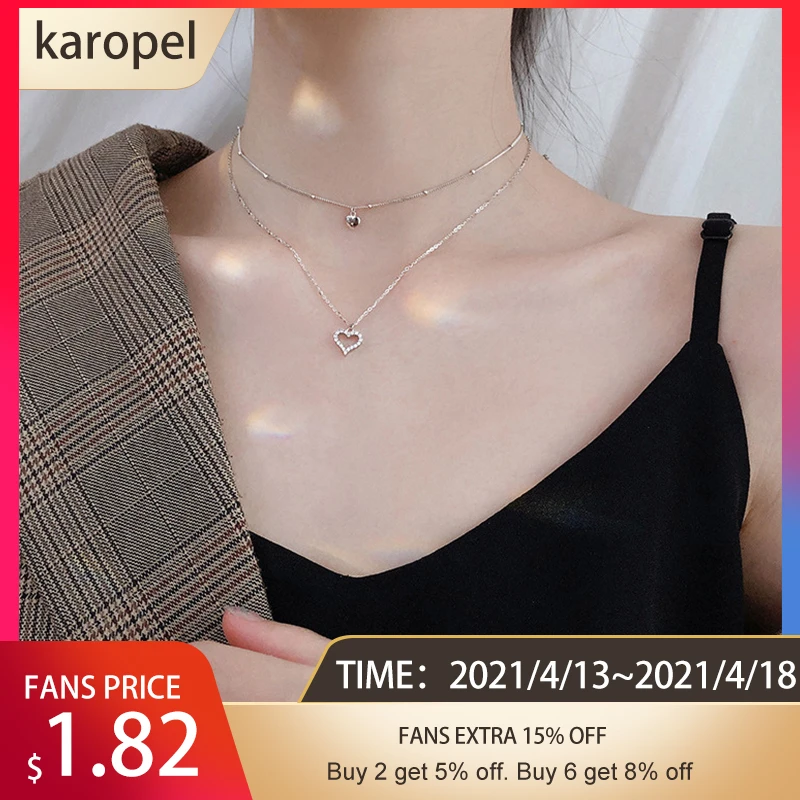 

Karopel 925 Sterling Silver Dainty Double Layer Heart Necklaces with Micro Pave Zircon Collares Jewelry Women Accessories