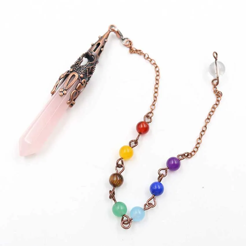 FYJS Unique Antique Copper Plated Hexagon Prism Rose Pink Quartz Pendant Stone Beads Chain Necklace Lapis Lazuli Chakra Jewelry | Украшения
