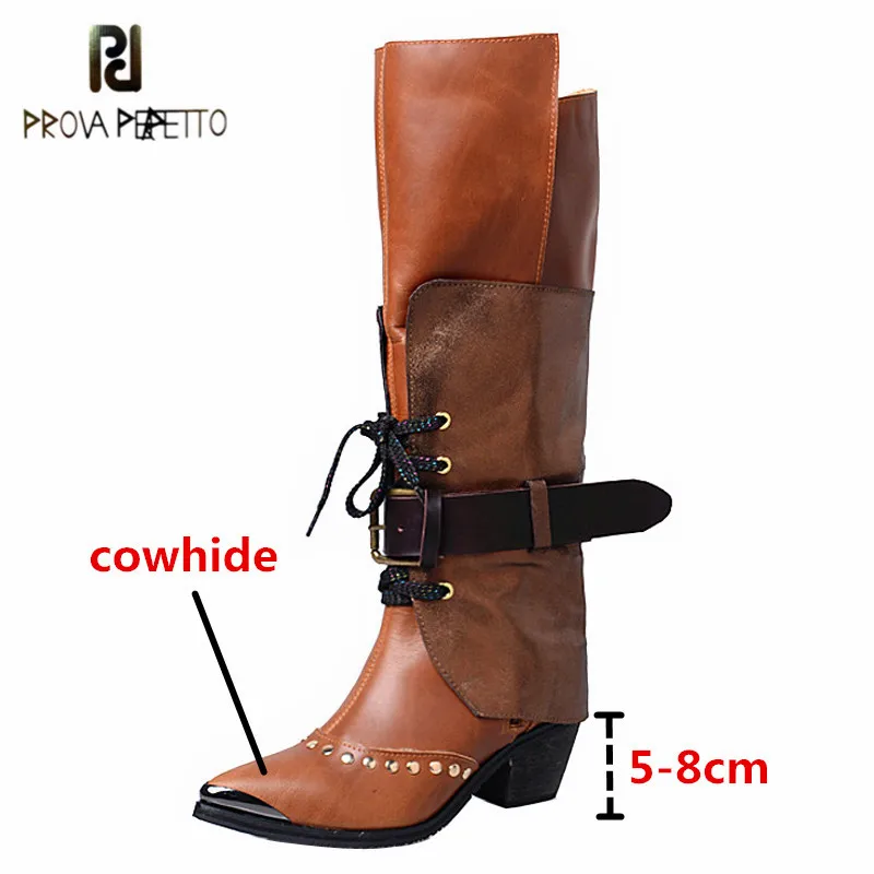 

Prova Perfetto Genuine Leather Women's Thigh High Boots Rivet Mature Mixed Colors Pointed Toe High Heels Zipper-Sid Lady Boots