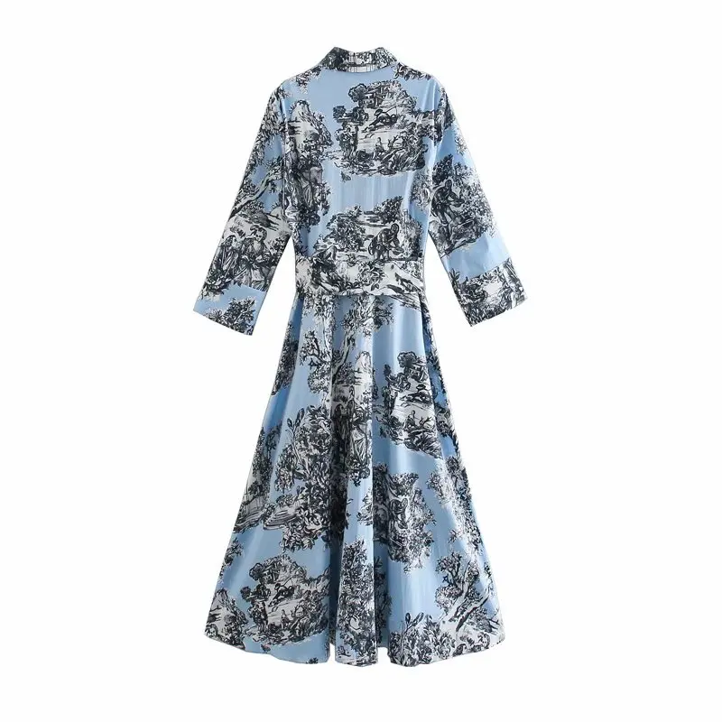 

2021 New Pastoral Print Shirt Summer Dress With 3 / 4 Sleeves Lapel, Flared Sleeves Bow Sashes