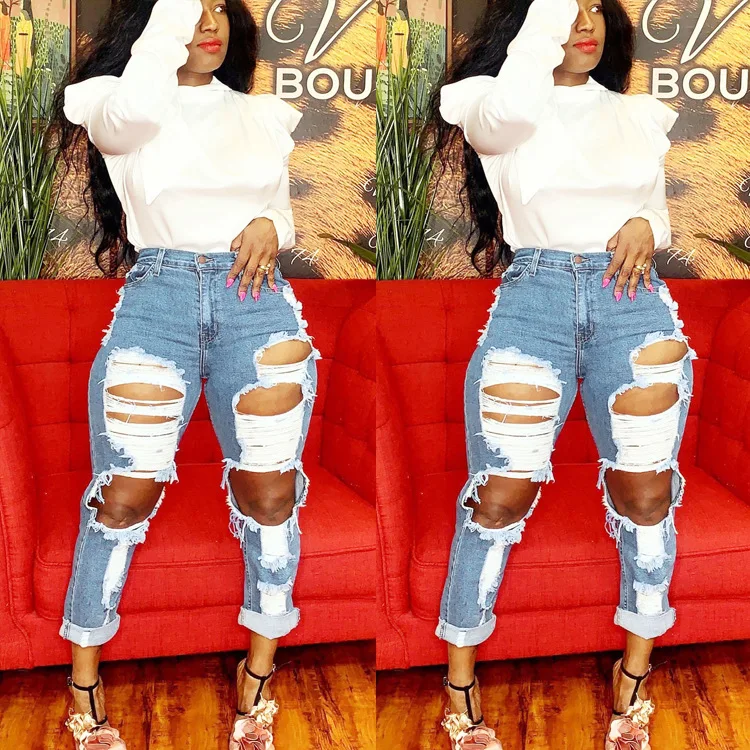 

2021 new women's big ripped jeans fashion foreign trade beggar pants high waisted jeans