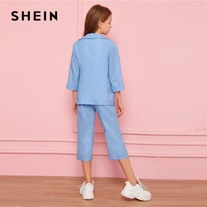 SHEIN/Детский комплект из блейзера и штанов для девочек пастельного синего цвета с воротником-тупым вырезом, Детские комплекты г. Осенняя повседневная одежда с длинными рукавами 3/4