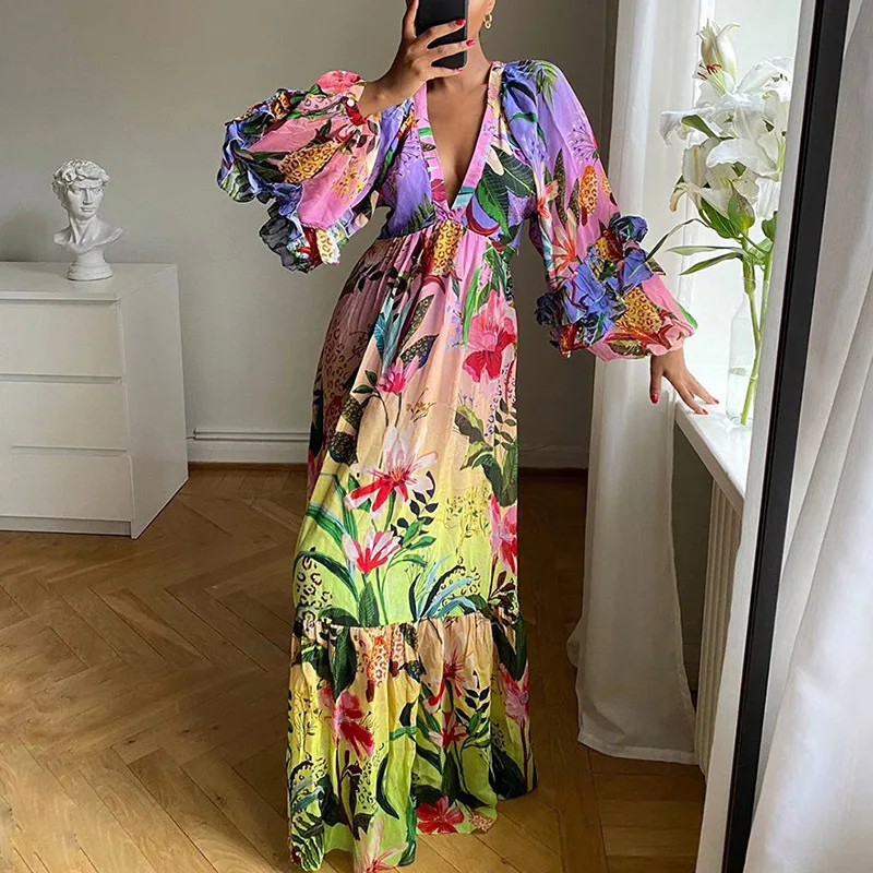 

2021 summer amazon new printing gradient falbala v-neck show thin long dress sexy dress