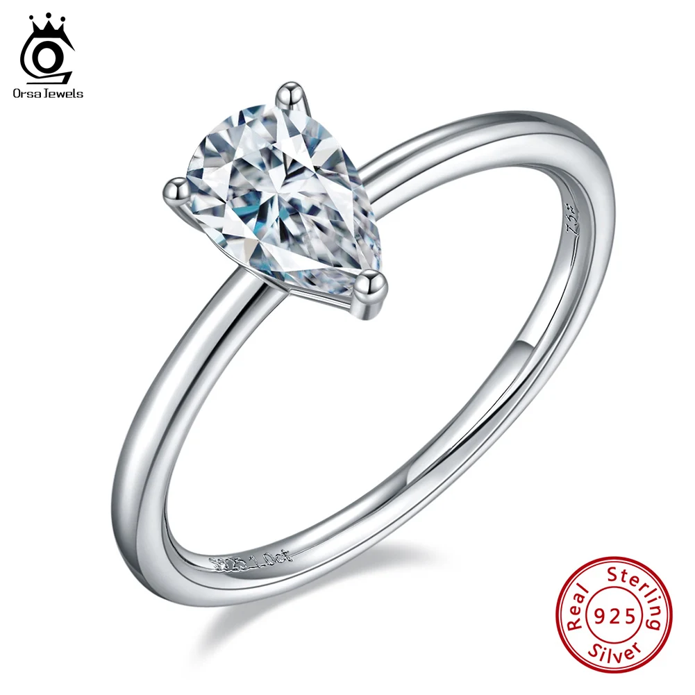 ORSA JEWELS 1 Carat Pear Cut Moissanite Engagement Ring 925 Sterling Silver D-E Color VVS Classic Waterdrop Solitaire Ring SMR58