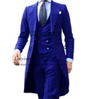Мужской костюм из трех предметов, темно-синий пиджак с длинным хвостом, смокинг для жениха, для свадьбы, выпускного вечера, Мужской Блейзер, мужской жакет, жилет, брюки