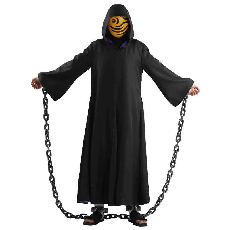 Костюм для косплея аниме Учиха Обито Тоби, черный длинный халат, унисекс, накидка, маска Тоби, цепочка, костюм на Хэллоуин