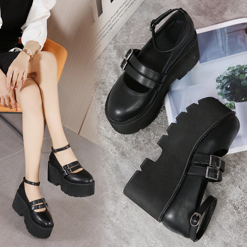 

Gothic Lolita Shoes Mary Jane Shoes Lolita Chunky Heel Wedges for Woman Buckle Strap Lady Pumps