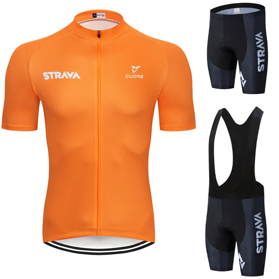 

2021 STRAVA orange Cycling Jersey Quick-Dry Bib Shorts Set 19D Pad Ropa Ciclismo uniformes Maillot MTB Bike Clothing SportsWear