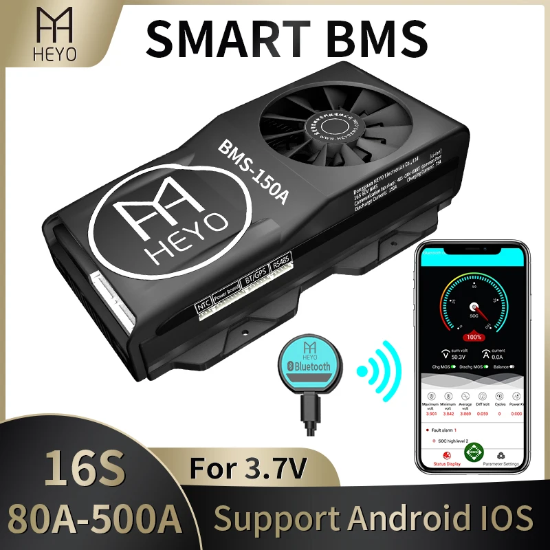 HEYO Smart Li Ion 16S 60V 80A 100A 150A 200A 250A 300A 400A 500A Bluetooth BT UART RS485 NTC батарея BMS с вентилятором e