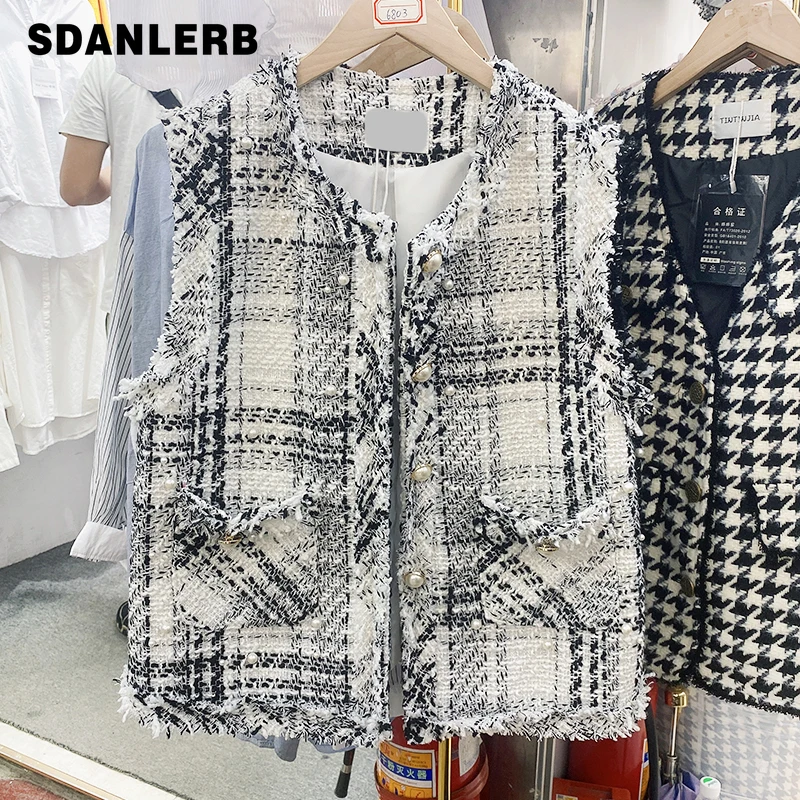 

Женский твидовый жилет с бисером, элегантный универсальный жилет с жемчужной пряжкой, осень 2021