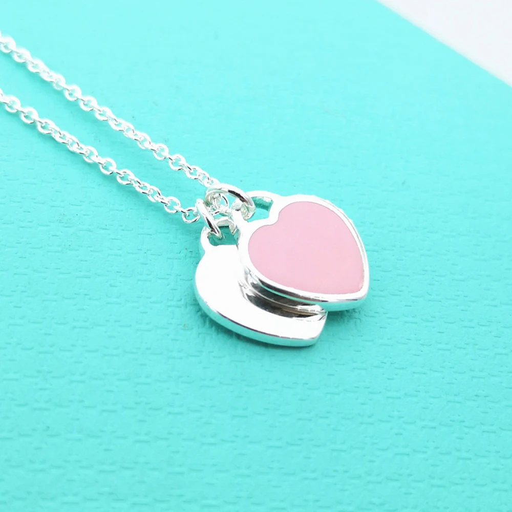 

S925 Sterling Silver Necklace Enamel Double Heart Necklace Light Luxury Romantic Fashion Fine Jewelry Female Lovers Holiday Gift