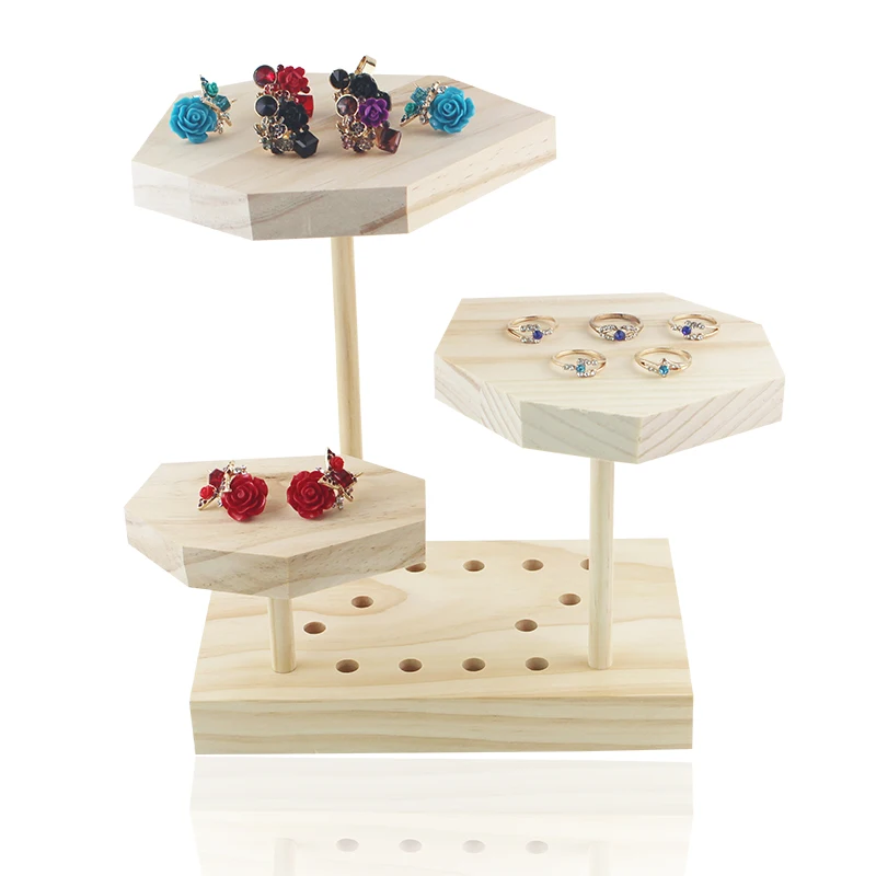 

Jewelry Display Stand Holder with Wooden Ring Tray and Hooks Storage Necklaces Bracelets, Rings, Watches