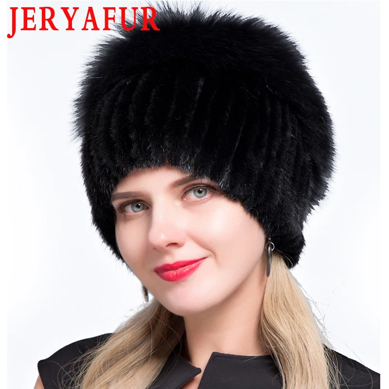JERYAFUR модные зимние шляпы для женщин меховая шапка из натуральной норки Женская Лоскутная лиса мех смешанные цвета внутренняя вязка шапочки теплые Новые