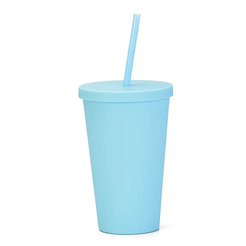 

Double-Layer Plastic Straw Cup 16OZ Coffee Cup Plastic Frosted Ready-To-Hand Water Cup (Sky Blue)