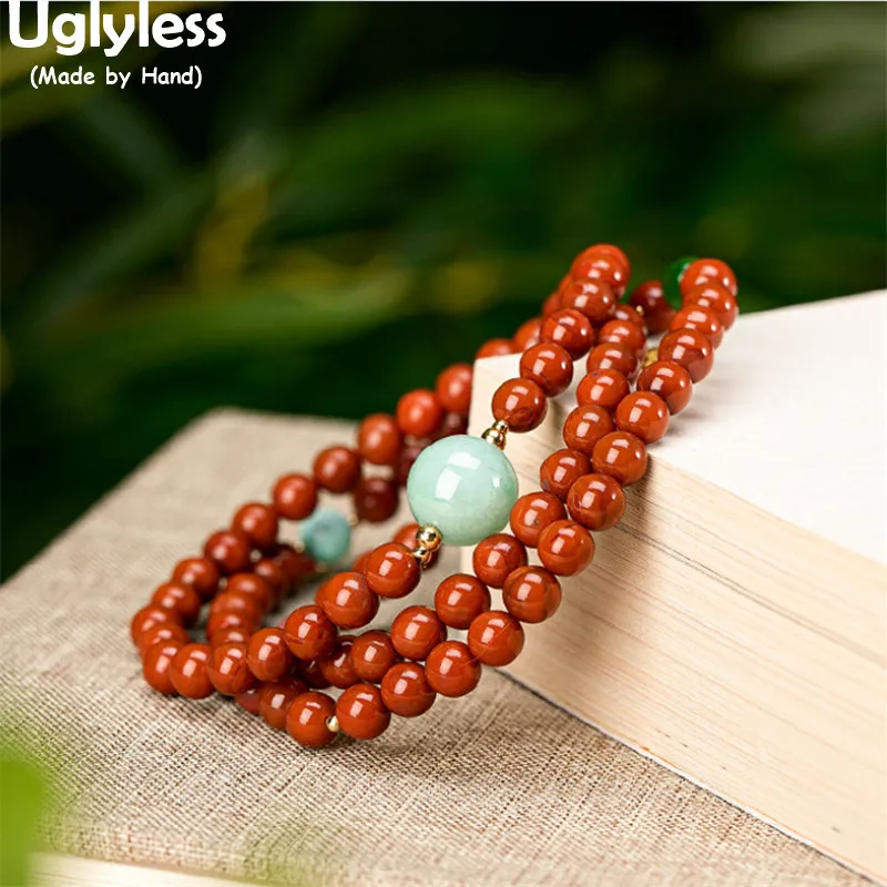

Uglyless 100% Real 24K Gold Beads High End Gemstone Jewelry for Women Amber Beading Elastic Rope Bracelets 56CM 3-Layer Bracelet