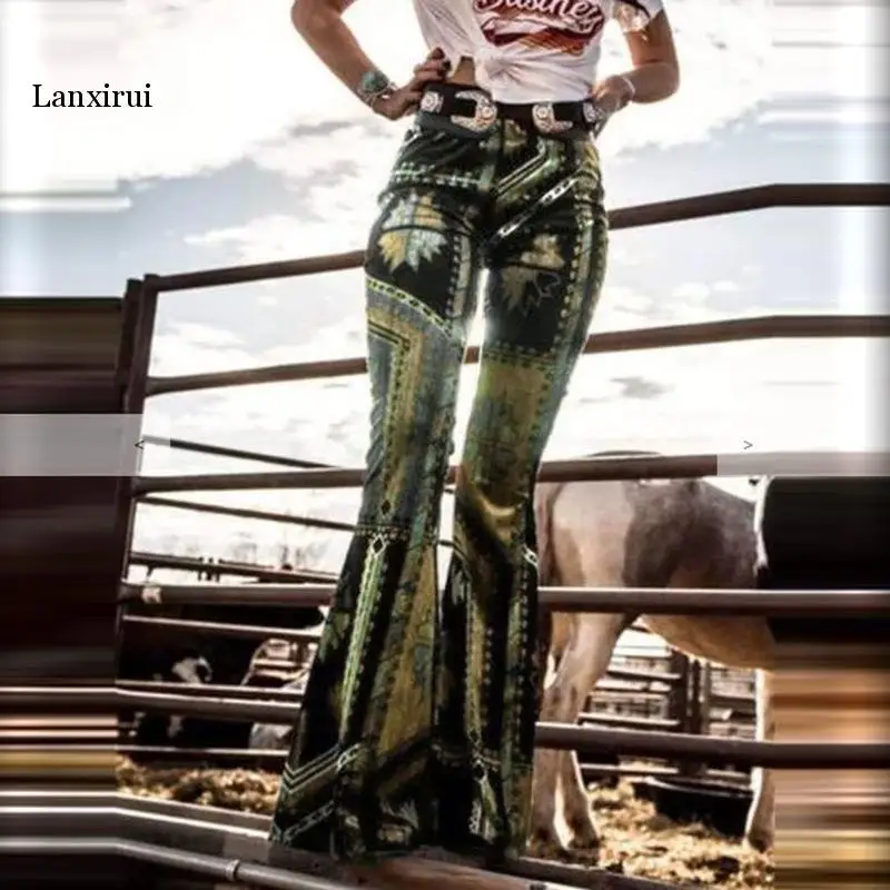 

Брюки-клеш Женские с принтом, узкие облегающие повседневные модные длинные брюки в полную длину с заниженной эластичной талией