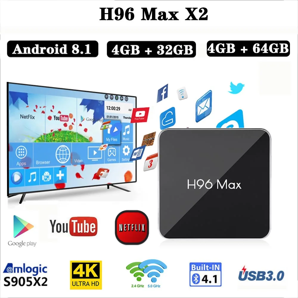 H96 MAX X2 Android tv Box S905X2 4G 64G 4K телеприставка USB3.0 H265 3D BT4.0 поддержка Smart Netflix YouTube магазин