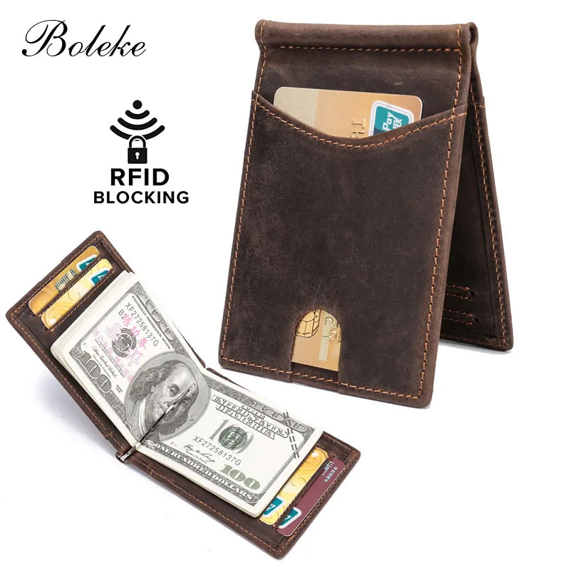 BROWN Мужской тонкий кошелек с блокировкой RFID, Тонкий минималистичный кошелек с передним карманом, мужской кошелек из натуральной кожи с зажимом для кредитных карт, для мужчин R9007 - Цвет: BROWN