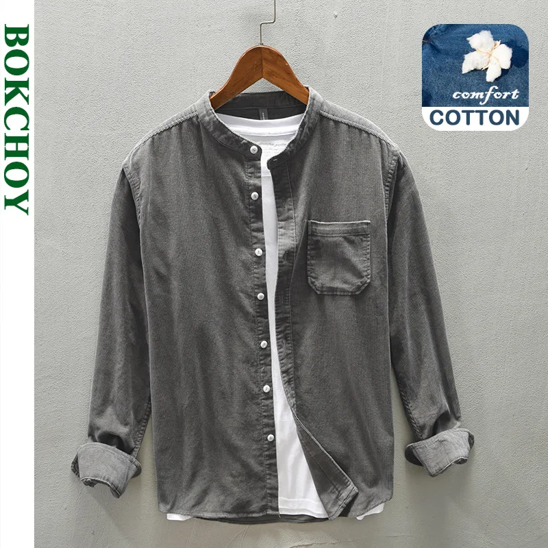

2021 Autumn Winter New Men Pure Cotton Corduroy Stand Collar Casual Shirt Pocket Single-breasted Grey Workwear C304