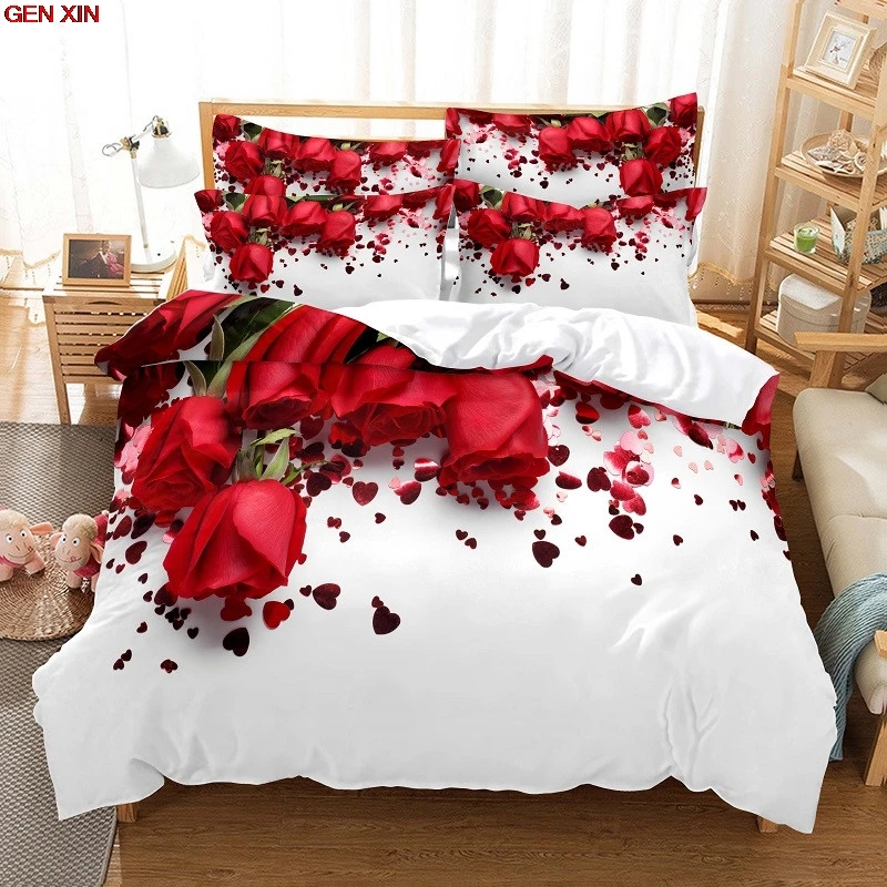 

Bedsheet Set Flower Red Rose Bedding Set Luxury Comforter Duvet Covers Pillowcases Comforter Bedding Sets Bed Linen King Queen