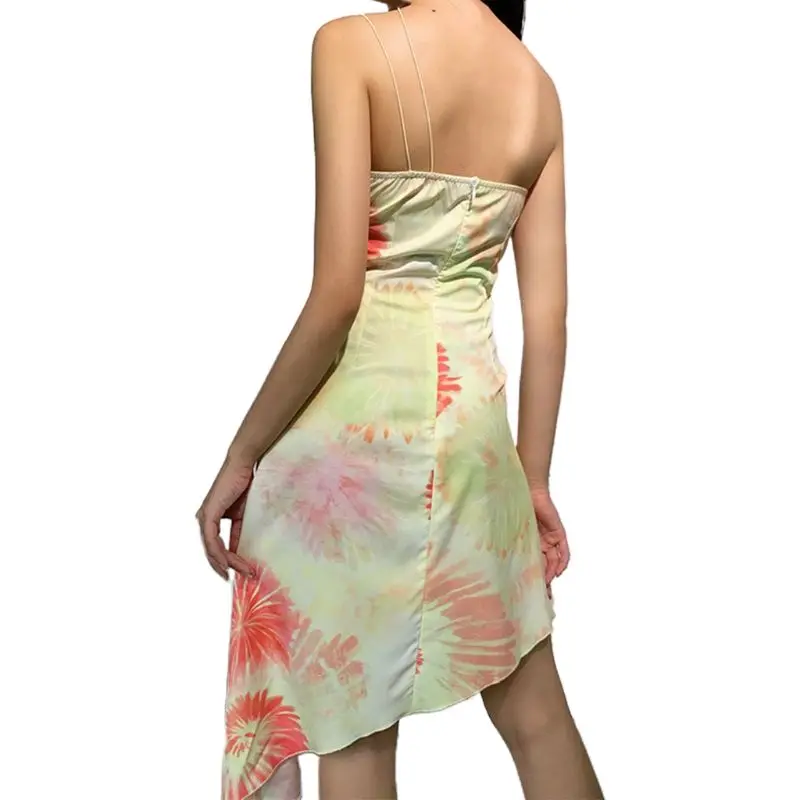 

Women Summer Irregular Spaghetti Strap Midi Sling Dress Tie-Dye Spiral Printed Sexy Off Shoulder Backless Asymmetric Beach Sundr