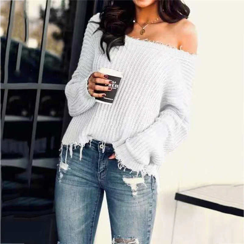 Slash Neck Solid Sweater With Tassel Women's Fashion Casual Slim Fit Long Sleeve Stripe V-neck Knitted Tops Blouse | Женская одежда