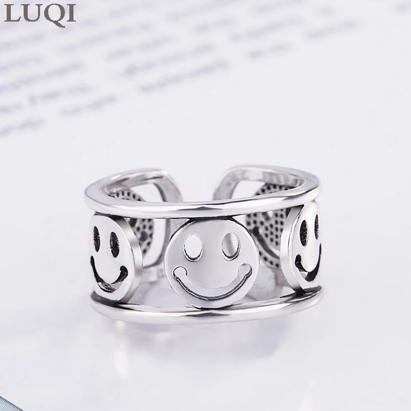 

S925 Simple Personality Smiley Face Female Thai Silver Open Rings NJ298
