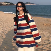 women sweatshirt autumn 2021 new korean ins stripe round neck top students versatile loose pullover womens fashion