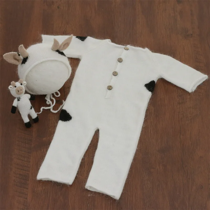 Newborn Photography Accessories Rope Wooden Swing Baby Photo Props Outfit Clothes Boy Mohair Knitted Bodysuit Hat Cow Doll Set