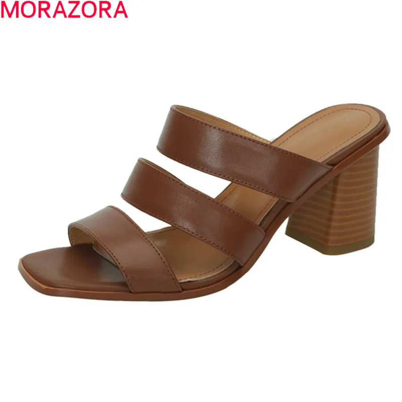 

MORAZORA 2021 New Brand Women Slippers Genuine Leather High Heels Shoes Summer Square Toe Apricot Ladies Pumps Mules Shoes